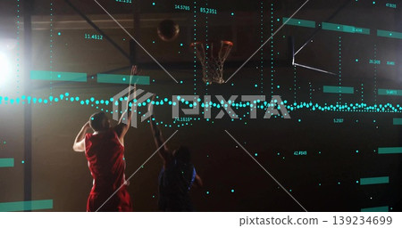 Jumping opponents in red and blue jerseys releasing basketball toward hoop in gym with data overlay Jumping opponents in red and blue jerseys releasing basketball toward hoop in gym with data overlay 139234699