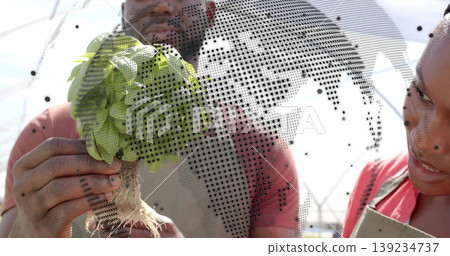 Worker in green apron holding plant roots while coworker watching in hoophouse, world map overlay Worker in green apron holding plant roots while coworker watching in hoophouse, world map overlay 139234737