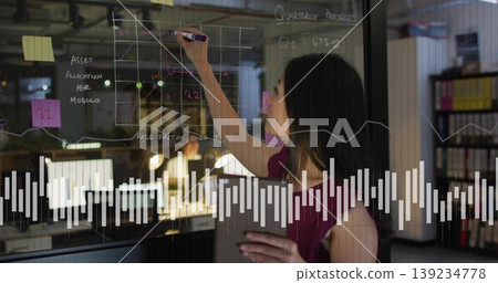 Chinese professional sketching graphs on glass board in office with tablet and marker, copy space Chinese professional sketching graphs on glass board in office with tablet and marker, copy space 139234778