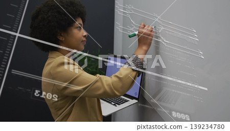 Using green marker on glass board developer holding laptop in office, with potted plant, copy space Using green marker on glass board developer holding laptop in office, with potted plant, copy space 139234780
