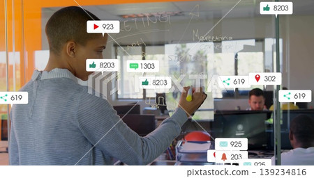 Writing marketing notes with yellow marker on glass board by woman in office, copy space Writing marketing notes with yellow marker on glass board by woman in office, copy space 139234816