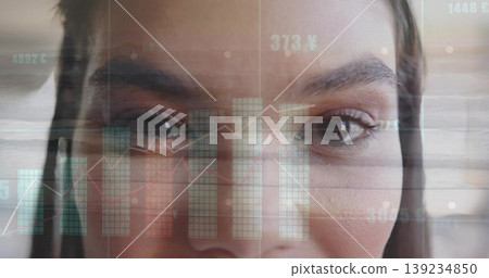 Analyzing mid adult woman engaging with financial data overlays at office desk, digital interface Analyzing mid adult woman engaging with financial data overlays at office desk, digital interface 139234850
