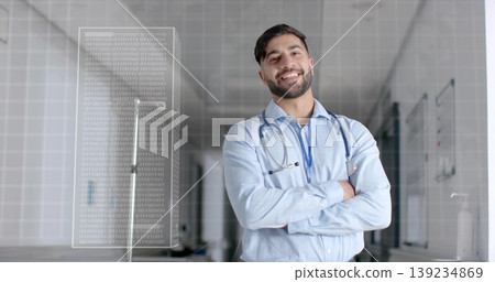 Smiling doctor standing in hospital corridor, with stethoscope, ID badge and binary code panel Smiling doctor standing in hospital corridor, with stethoscope, ID badge and binary code panel 139234869