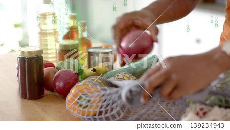 Hands placing red onion into reusable mesh bag on home kitchen countertop, with glass oil jars Hands placing red onion into reusable mesh bag on home kitchen countertop, with glass oil jars 139234943
