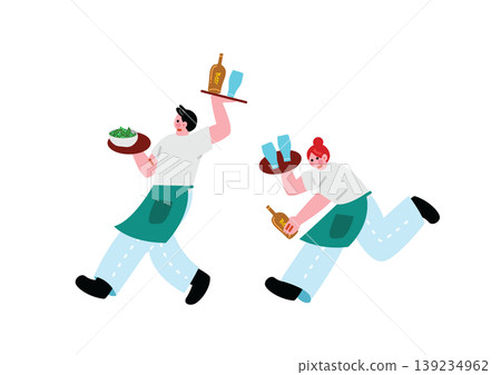 An illustration of a busy waiter carrying beer. An illustration of a busy waiter carrying beer. 139234962