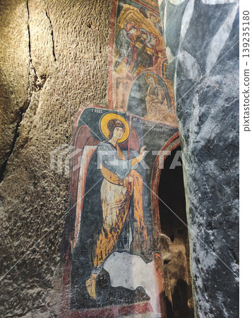 Ancient Byzantine frescoes and religious murals inside Gumusler Monastery in Turkey Ancient Byzantine frescoes and religious murals inside Gumusler Monastery in Turkey 139235180