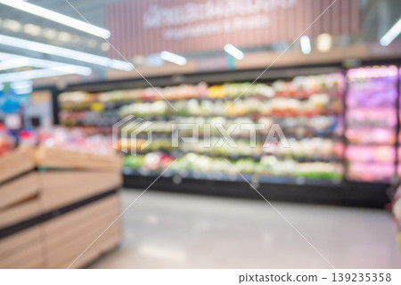 Grocery store aisle and shelves interior blurred background Grocery store aisle and shelves interior blurred background 139235358
