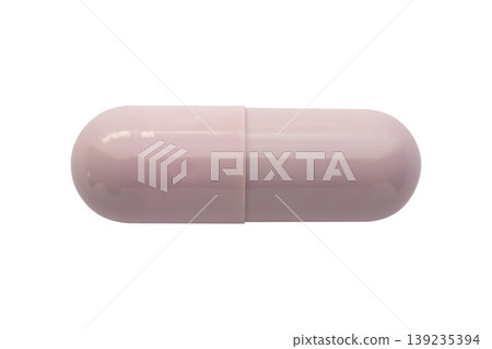 Purple medicine pill capsule isolated on white background 139235394