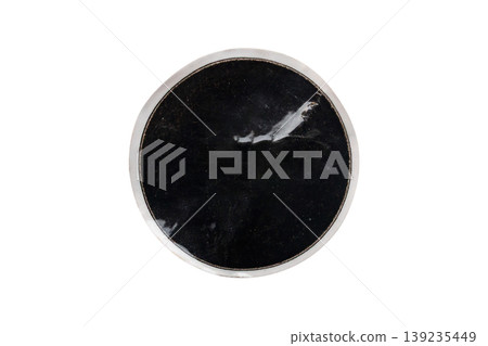 Black old scratched round paper sticker isolated on white background Black old scratched round paper sticker isolated on white background 139235449