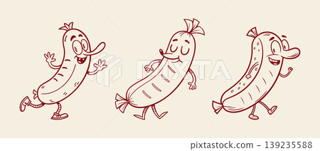 Cute funny sausage characters set. Walking and running poses. Illustration. Cute funny sausage characters set. Walking and running poses. Illustration. 139235588