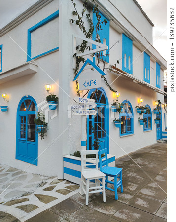 Charming blue and white cafe exterior in Demre, Turkey 139235632