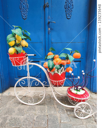 Decorative white bicycle planter with artificial lemons and oranges Decorative white bicycle planter with artificial lemons and oranges 139235648