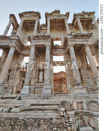 Library of Celsus majestic ancient Roman facade with marble columns and statues in Ephesus Turkey Library of Celsus majestic ancient Roman facade with marble columns and statues in Ephesus Turkey 139235655