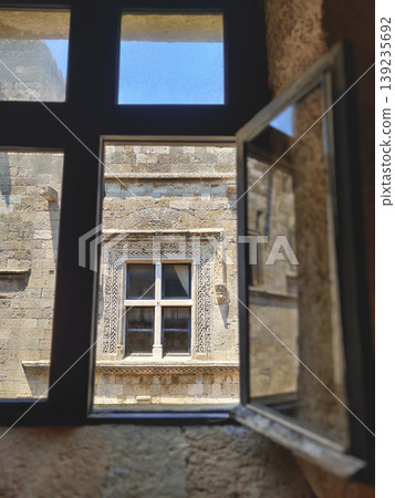 View through a medieval window of the Palace of the Grand Master in Rhodes Greece 139235692