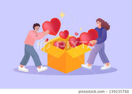 Happy man and woman sharing love and kindness by putting red hearts into a large open box representing community support volunteer work digital gratitude and social welfare campaign 139235788