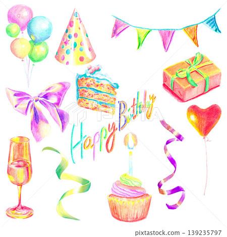 Bright watercolor birthday party cliparts set. Hand-drawn watercolor and watercolor pencil illustration, isolated on white background for birthday cards, invitation designs and kids decor Bright watercolor birthday party cliparts set. Hand-drawn watercolor and watercolor pencil illustration, isolated on white background for birthday cards, invitation designs and kids decor 139235797