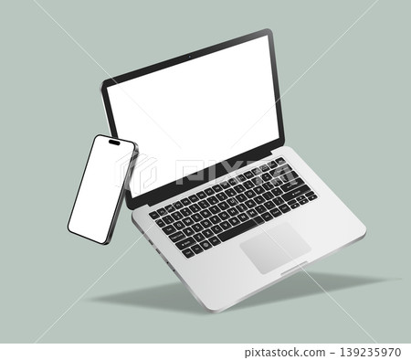 Realistic levitation laptop computer and smartphone mockup Realistic levitation laptop computer and smartphone mockup 139235970