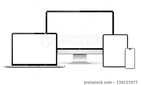 Mockup set of device. Realistic set of monitor, laptop, tablet, smartphone. Mockup set of device. Realistic set of monitor, laptop, tablet, smartphone. 139235977