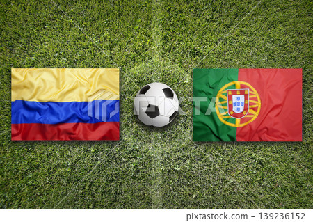 Colombia vs. Portugal flags on a soccer field Colombia vs. Portugal flags on a soccer field 139236152