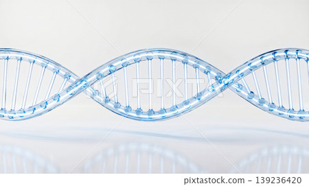 horizontal translucent molecular dna helix glowing blue spheres connecting rungs white reflective background medical science biotechnology genetic structure health care concept 139236420