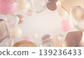 Abstract soft pastel 3D geometric glass metallic shapes cubes spheres floating around empty central copy space elegant bright dreamy graphic design background 139236433