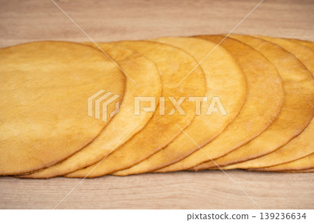 Baked thin honey cake layers for traditional dessert Baked thin honey cake layers for traditional dessert 139236634
