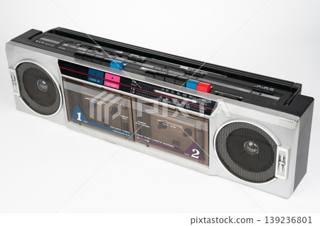 Vintage silver double cassette boombox isolated on white background Vintage silver double cassette boombox isolated on white background 139236801