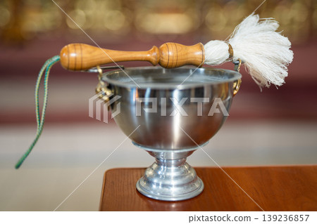 Ceremonial aspergillum and holy water bowl 139236857