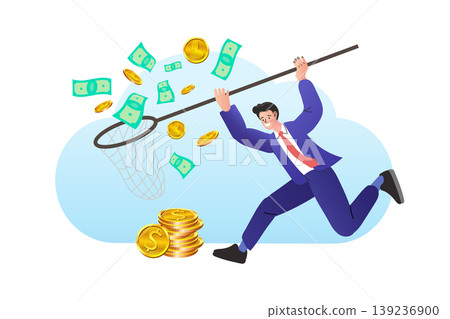 Driven entrepreneur chasing falling banknotes and coins with a butterfly net symbolizing strategic profit grabbing market opportunity and successful capital accumulation 139236900