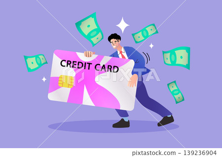 Businessman struggling to carry a giant credit card with flying banknotes representing financial stress debt management loan repayment and bankruptcy on purple background Businessman struggling to carry a giant credit card with flying banknotes representing financial stress debt management loan repayment and bankruptcy on purple background 139236904