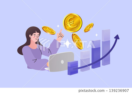 Successful woman analyzing financial data on laptop with upward bar graph and gold coins representing global economy stock market investment profit growth and strategic wealth management Successful woman analyzing financial data on laptop with upward bar graph and gold coins representing global economy stock market investment profit growth and strategic wealth management 139236907