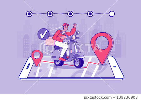 Successful delivery man riding a scooter on a mobile phone screen with location markers and tracking status representing fast shipping logistics service and modern e-commerce delivery experience Successful delivery man riding a scooter on a mobile phone screen with location markers and tracking status representing fast shipping logistics service and modern e-commerce delivery experience 139236908