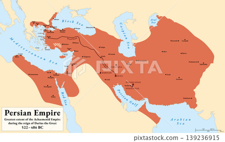 Persian Empire, history map. Greatest territorial extent of the Achaemenid Empire, during the reign of Darius the Great, 522-486 BC. With capitals and the Royal Road, an ancient trade route. Vector Persian Empire, history map. Greatest territorial extent of the Achaemenid Empire, during the reign of Darius the Great, 522-486 BC. With capitals and the Royal Road, an ancient trade route. Vector 139236915