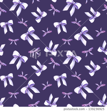 Seamless pattern with light lilac bows on a dark background. Watercolor illustration with realistic holiday elements. Romantic background with cute bows for fabric, wallpaper, packaging and feminine Seamless pattern with light lilac bows on a dark background. Watercolor illustration with realistic holiday elements. Romantic background with cute bows for fabric, wallpaper, packaging and feminine 139236925