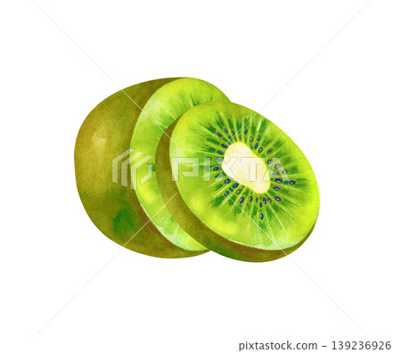 A hand-made watercolor illustration depicting a half of a kiwi fruit with a fresh round slice adjacent to it. Highlighted on a white background. Ideal for organic food packaging, juice labels, healthy A hand-made watercolor illustration depicting a half of a kiwi fruit with a fresh round slice adjacent to it. Highlighted on a white background. Ideal for organic food packaging, juice labels, healthy 139236926