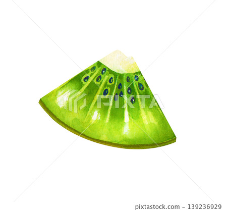 The watercolor illustration shows a slice of fresh kiwi with seeds. Isolated on a white background. Realistic clipart for healthy food branding, smoothie bar menus, organic food packaging, and summer The watercolor illustration shows a slice of fresh kiwi with seeds. Isolated on a white background. Realistic clipart for healthy food branding, smoothie bar menus, organic food packaging, and summer 139236929