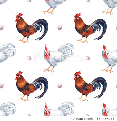 A hand-painted watercolor seamless pattern depicting farm poultry, brown and white roosters and eggs on an isolated background. Ideal for country-style home decor, kitchen textiles, eco-friendly food A hand-painted watercolor seamless pattern depicting farm poultry, brown and white roosters and eggs on an isolated background. Ideal for country-style home decor, kitchen textiles, eco-friendly food 139236931