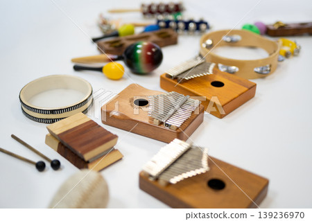 Collection of ethnic percussion instruments and kalimbas Collection of ethnic percussion instruments and kalimbas 139236970