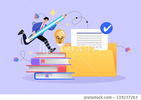 Businessman with giant pencil running on books towards document folder representing project management creative content creation and successful task completion concept Businessman with giant pencil running on books towards document folder representing project management creative content creation and successful task completion concept 139237263
