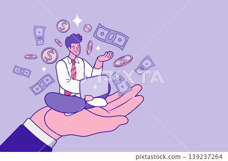 Ambitious entrepreneur working on a computer while being held by a large supportive hand symbolizing financial stability online income generation and successful investment management Ambitious entrepreneur working on a computer while being held by a large supportive hand symbolizing financial stability online income generation and successful investment management 139237264
