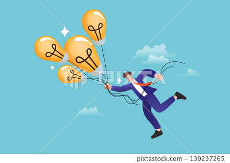 Ambitious entrepreneur soaring high in the sky powered by a bunch of glowing light bulbs symbolizing visionary ideas breakthrough solutions and rapid career advancement Ambitious entrepreneur soaring high in the sky powered by a bunch of glowing light bulbs symbolizing visionary ideas breakthrough solutions and rapid career advancement 139237265