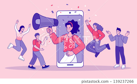 Cheerful young woman broadcasting messages from mobile phone to a group of joyful people symbolizing brand awareness digital publicity and successful influencer marketing campaigns 139237266