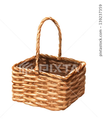 Wicker basket with handle. Isolated watercolor illustration for picnic, market, and farm design. 139237359