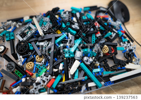 Variety of robotics construction parts in a tray Variety of robotics construction parts in a tray 139237563