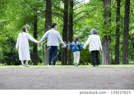 A happy family life: a three-generation family holding hands while walking through a park amidst fresh greenery; a wide-angle shot of their faces from behind. A happy family life: a three-generation family holding hands while walking through a park amidst fresh greenery; a wide-angle shot of their faces from behind. 139237625