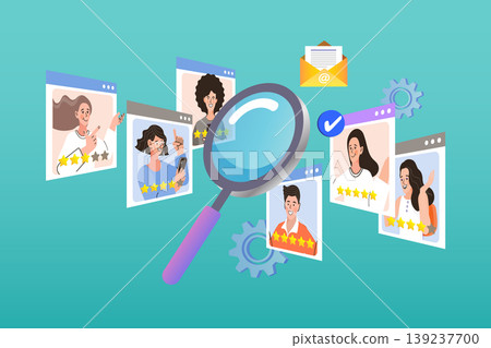 Strategic hiring process featuring a large magnifying glass choosing professional candidates from digital profiles symbolizing efficient recruitment workflow and human resource management Strategic hiring process featuring a large magnifying glass choosing professional candidates from digital profiles symbolizing efficient recruitment workflow and human resource management 139237700