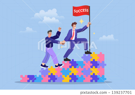 Two professional men supporting each other to reach the top of a jigsaw puzzle staircase symbolizing strategic partnership collective effort and successful goal achievement 139237701