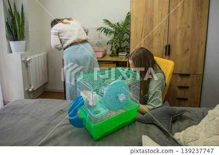 Two people are cleaning a hamster cage. One person is sitting on a bed Two people are cleaning a hamster cage. One person is sitting on a bed 139237747