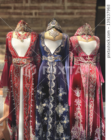 Traditional Turkish velvet Kaftan dresses with ornate gold embroidery Traditional Turkish velvet Kaftan dresses with ornate gold embroidery 139237968