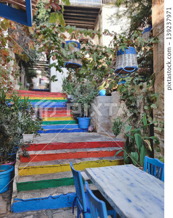 Colorful rainbow stairs in the historical streets of Kalkan Colorful rainbow stairs in the historical streets of Kalkan 139237971